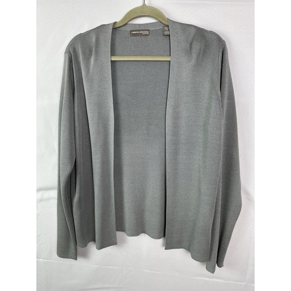 VTG Valerie Stevens Sage Gray PureSilk OpenFront RibbedKnit Cardigan Womens Sz L